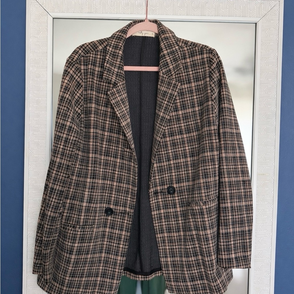 Plaid Single-Breasted Blazer in Brown and Black